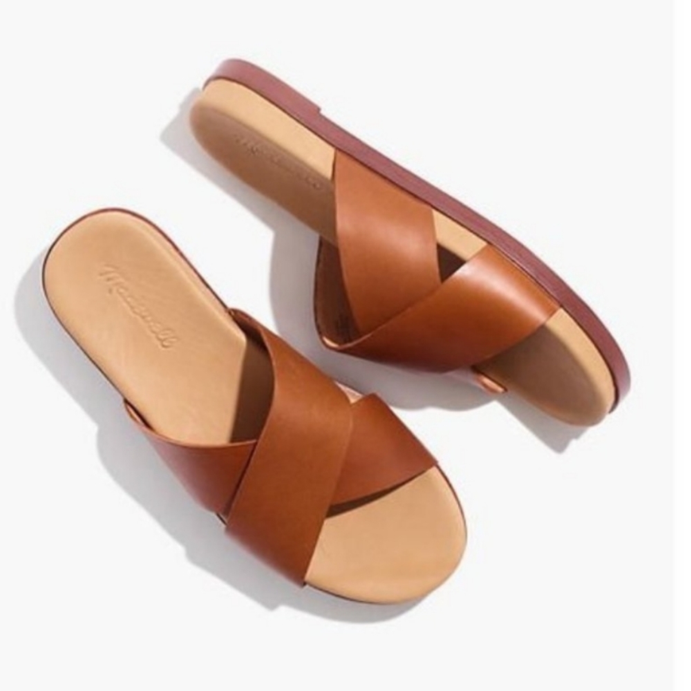 MADEWELL The Louisa Crisscross Slide Leather Sandal In Tan Size 5